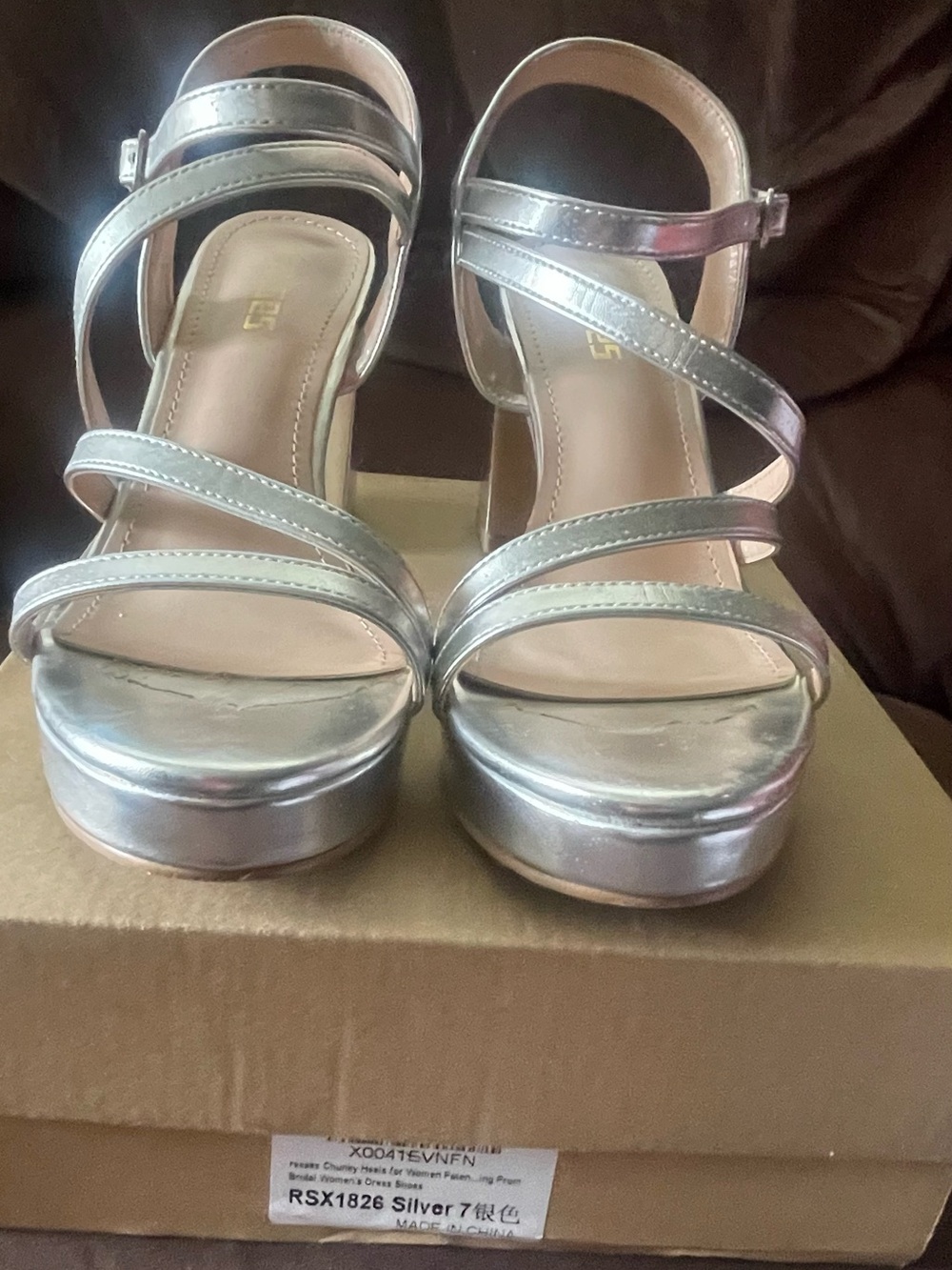 Silver Strappy Block Heel Sandals - Women's